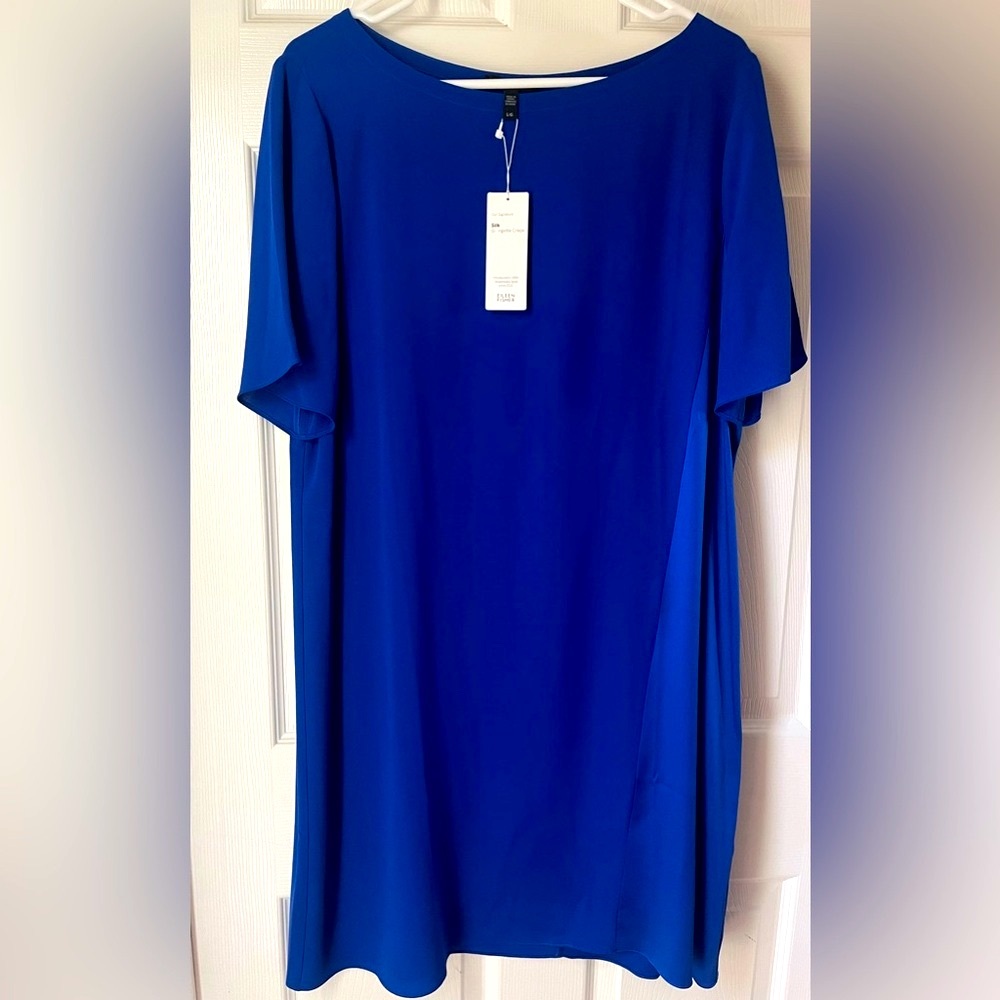 NWT Eileen Fisher 100% Silk Georgette Crepe Shift Dress Royal Blue Size M (L)
